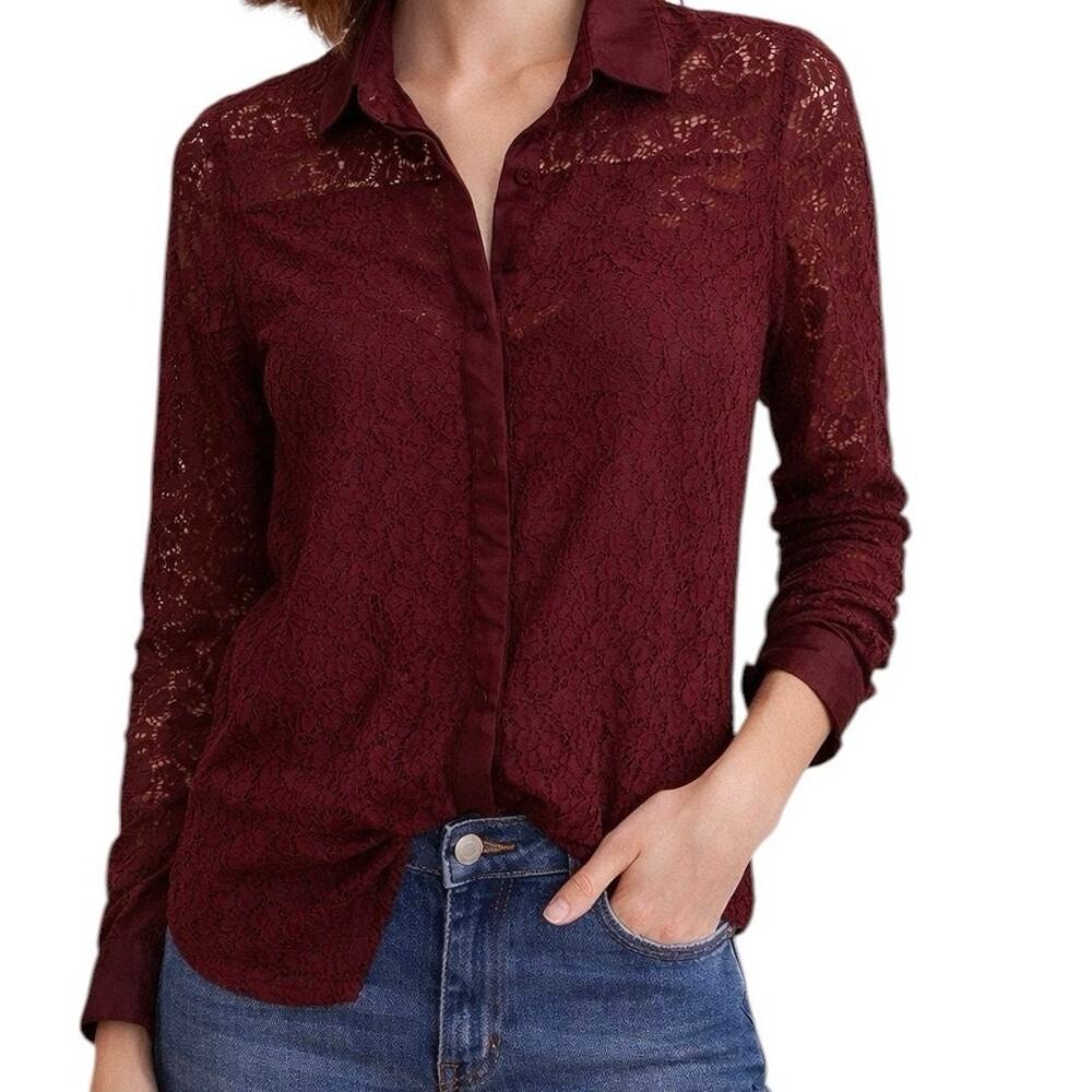 LOFT Burgundy Lace Button Up Blouse XS Sheer Long Sleeve Feminine Top
